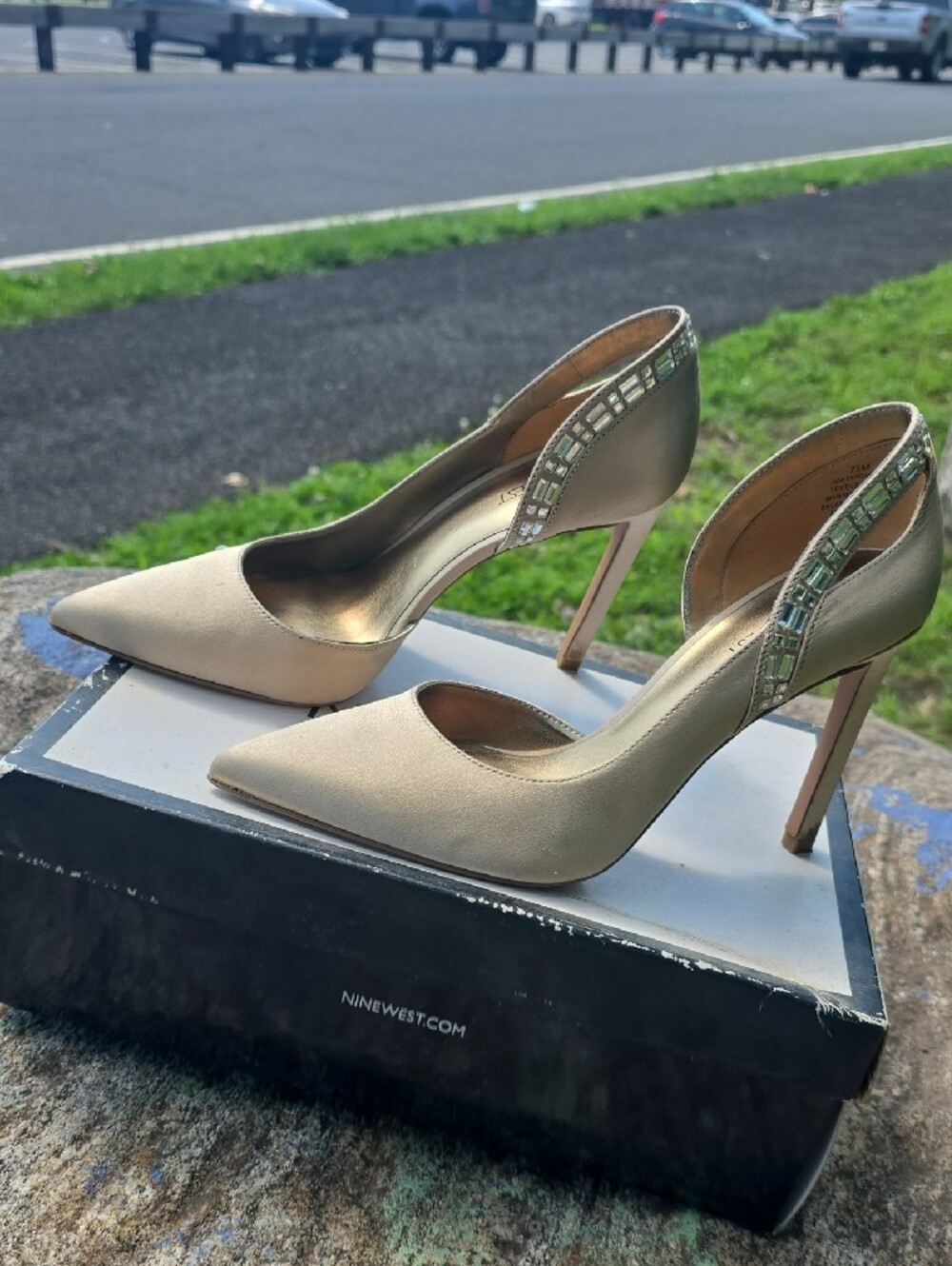 Nine West Satin Champagne D'Orsay Pointed-Toe Heels with Crystal Trim - Picture 5 of 9